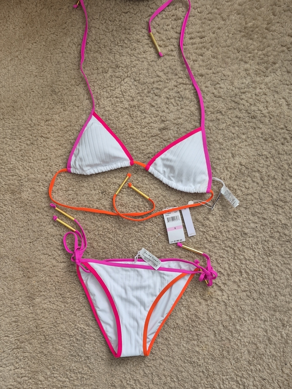 NWT Trina Turk White Triangle Bikini with Pink & Orange Trim